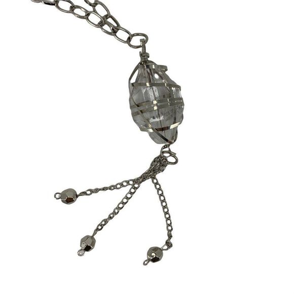 Silver Necklace Fashion Clear Crystal Stone 27" Bold Statement 0257 Pendant - Picture 4 of 9